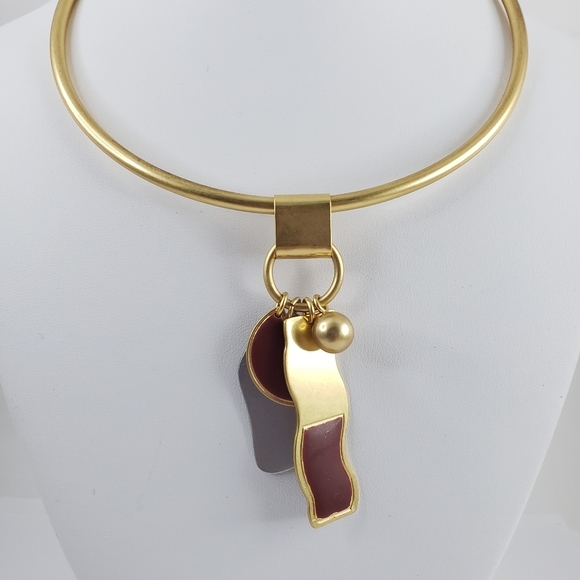 Madewell curved bar necklace - art deco pendants gold + silver tone + red brown - Picture 7 of 9